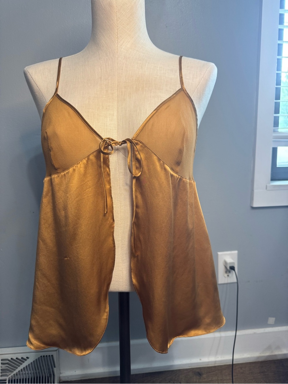 Vintage Y2K Magic Silk 100% Silk Gold Tie Front Flyaway Babydoll Cami L Romantic